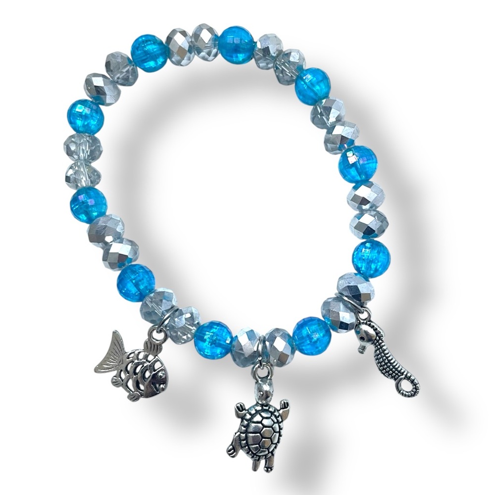 Blue and Silver Recycled Beads Bracelet with Charms